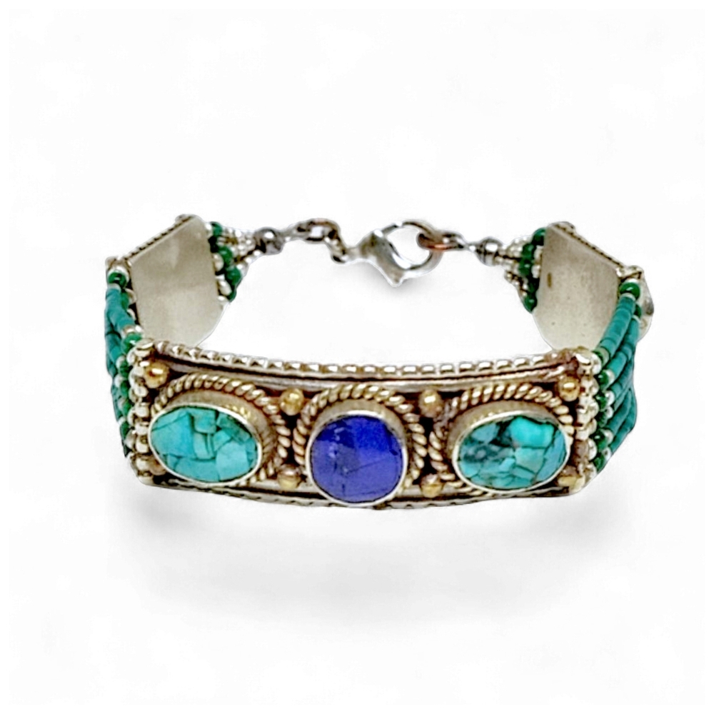 Silver Multi-Stone Bracelet | Turquoise & Blue Inlay Beaded Design
